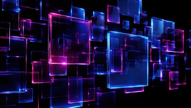Neon glass panels floating in a digital space