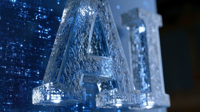 Illuminated glass letter A with blue abstract background
