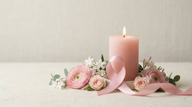 Elegant Burning Pink Candle with Ribbon and Ranunculus Flowers with Copy Space