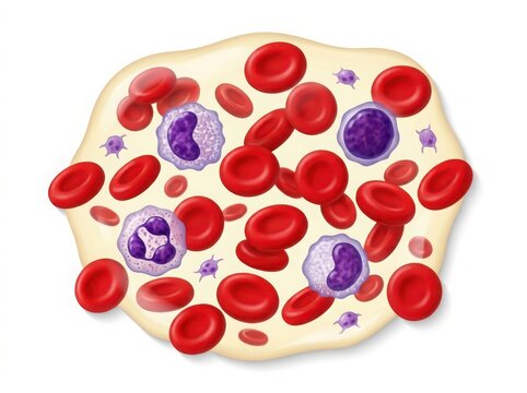 Illustration showing blood components with red blood cells and white blood cells isolated on white background