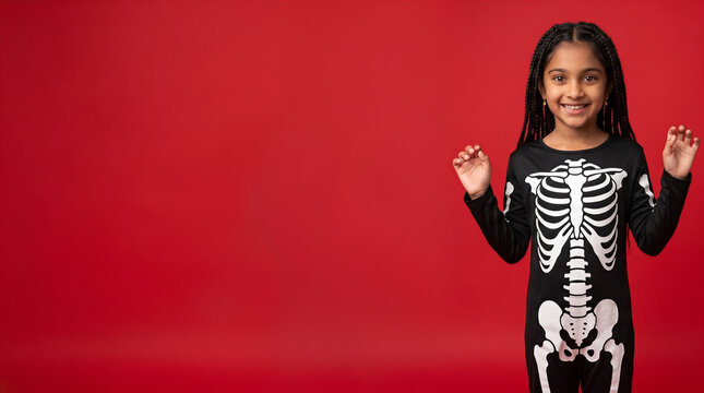 Girl in skeleton costume smiling against red background. Halloween, children s party, costume event, festive celebration.