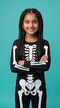 Girl in skeleton costume smiling at camera with arms crossed. Halloween, children s party, costume event, festive celebration.