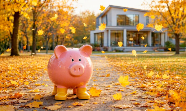 A piggy bank with rubber boots against the backdrop of a house in an autumn garden. Protect your savings during uncertain financial times. Autumn sale