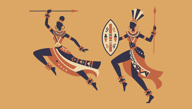Two African tribal warriors dancing dynamically with spears and shields on warm golden yellow background.