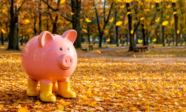 A piggy bank with rubber boots against the backdrop of a house in an autumn garden. Protect your savings during periods of financial instability.