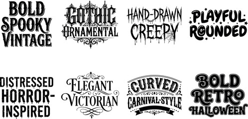 Fototapeta premium A diverse compilation of eight distinct textured halloween typography designs presented individually on a clear transparent backdrop for versatile design applications