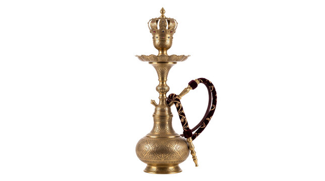 Antique brass hookah with ornate crown top, traditional golden shisha pipe with velvet hose, vintage middle eastern smoking waterpipe isolated PNG with Transparent Background