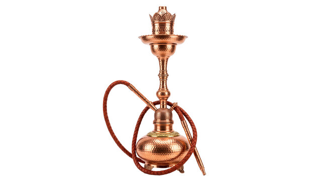 Traditional copper hookah with leather hose, vintage oriental water pipe for smoking, elegant middle eastern shisha lounge equipment isolated PNG with Transparent Background