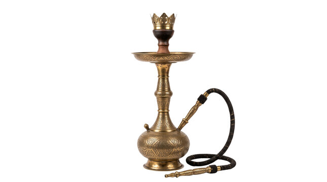 Vintage brass hookah with ornate engravings, traditional golden shisha water pipe, antique middle eastern smoking apparatus isolated PNG with Transparent Background