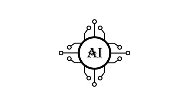 Round ai technology node logo black line circuit graphic light background 4k 25fps