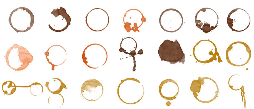 Collection of various coffee cup stains isolated on transparent background