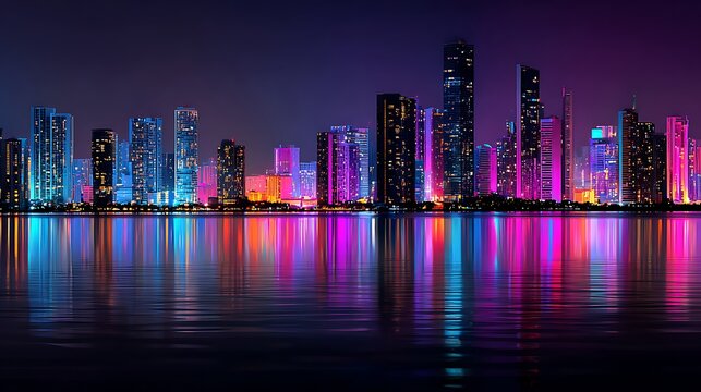 Night cityscape with colorful illuminated skyscrapers and water reflection building