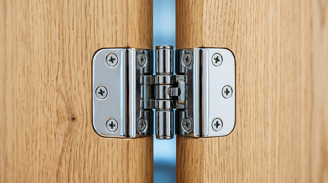 Chrome door hinge with screws on wooden surface texture