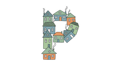 Fototapeta premium Capital letter P is uniquely constructed from a cluster of charming little colorful houses with smoking chimneys.