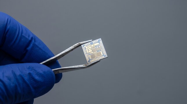 Closeup of a gloved hand holding a small computer chip with tweezers against a grey background