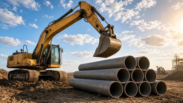 Excavator Positioning Large Concrete Pipes for Underground Infrastructure Development Projects