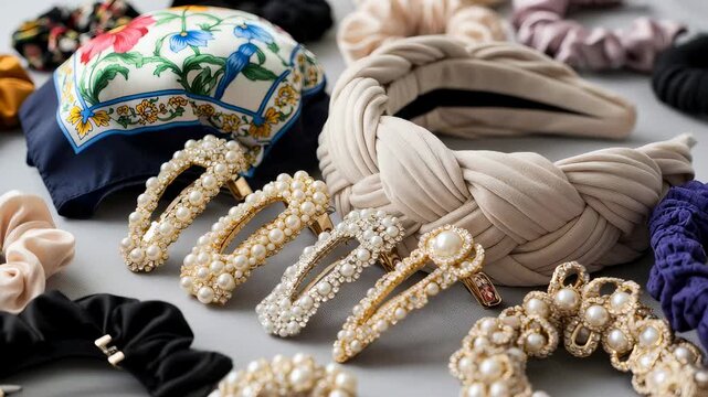 Flat lay of diverse hair accessories, including scarves, scrunchies, pearl hair clips, and headbands for hair styling and fashion.