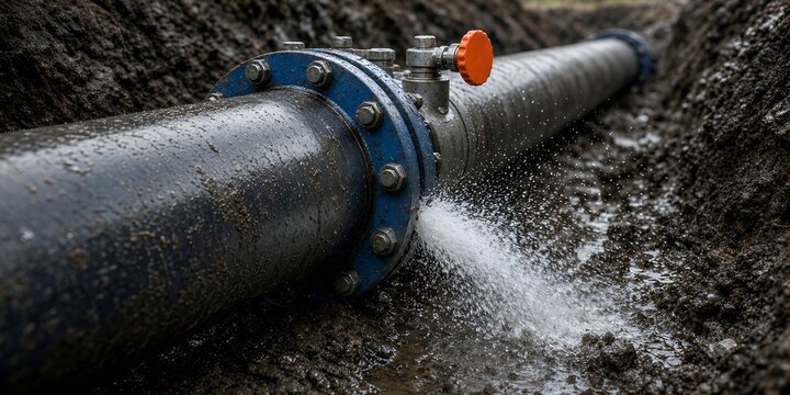 Leaking Industrial Water Pipeline Buried Underground Requiring Urgent Repair and Maintenance