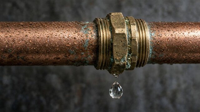 Leaking Copper Pipe with a Water Drop Falling from a Corroded Fitting in a Residential System