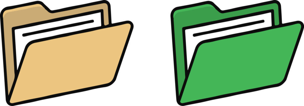 Two colorful office document folders containing white papers isolated on a plain white background for business design