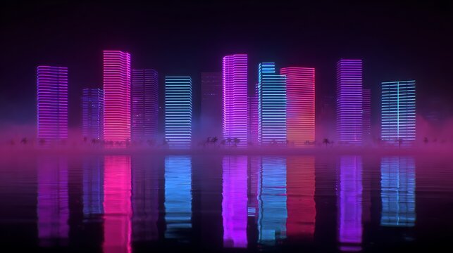 Pink and purple light beams shining through tall buildings in a dark night city