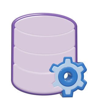 Three dimensional database icon featuring blue gear symbol representing system maintenance cloud storage settings digital technology server management software development