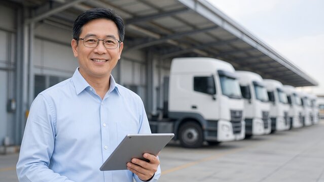 Professional Logistics Manager Using Tablet with a Fleet of Delivery Trucks at a Warehouse Facility