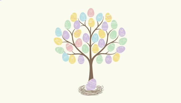 Easter egg tree decorated with colorful pastel eggs featuring rabbit patterns above a small nest with one egg.