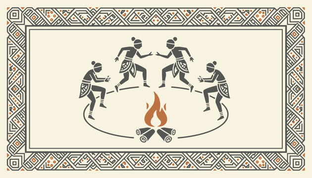 Indigenous tribal vector illustration of people dancing in a circle around campfire with geometric border frame.