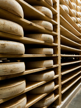 Meules de Comt&eacute; AOP align&eacute;es sur des planches en bois dans une cave d&rsquo;affinage du Jura
