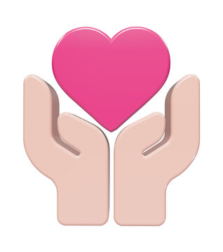 Two stylized human hands holding a bright pink heart shape representing love care support charity kindness health wellness compassion