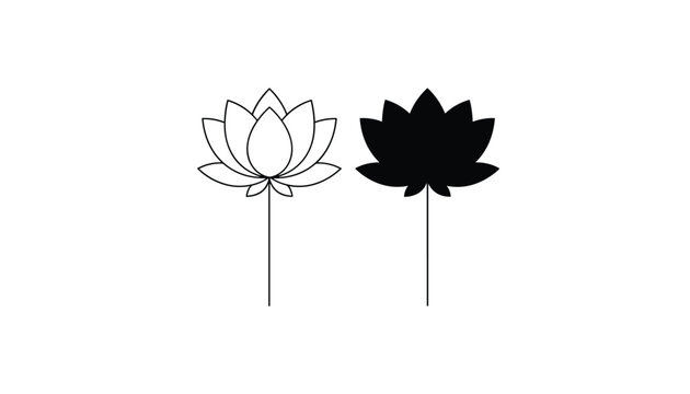 Elegant lotus flower vector graphics presenting one delicate outline line art version and one solid black silhouette.