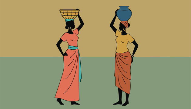 Vector illustration of two African women dressed in colorful traditional clothing carrying vessels on their heads.