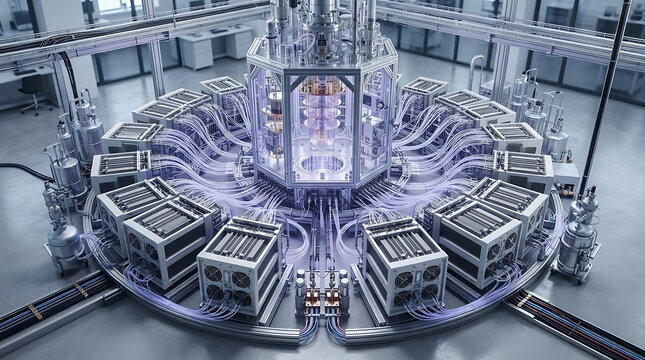 Quantum computer in clean room environment with intricate wiring and cryostat for advanced scientific research and data processing.