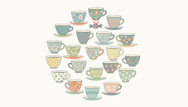 Collection of various decorated teacups and saucers arranged in a beautiful circular pattern on a cream background.