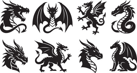 Fototapeta premium Collection of black dragon silhouettes featuring mythical creatures in various poses and head profiles isolated on a white background