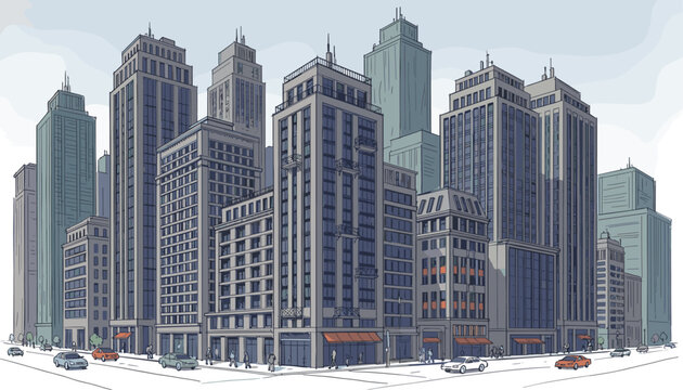 Detailed hand-drawn illustration of a bustling city street corner with towering modern skyscraper buildings and traffic.