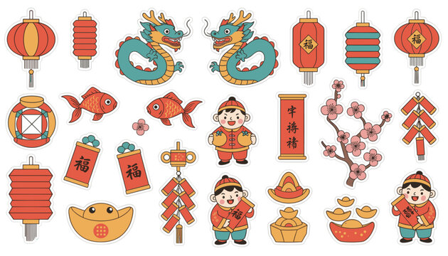 Set of colorful Chinese New Year stickers featuring dragons, children, red lanterns, and traditional lucky symbols.