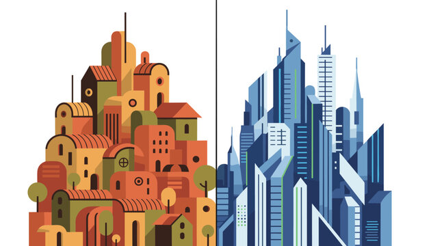 Conceptual split-screen illustration comparing a warm traditional hillside village with a cold modern skyscraper city.