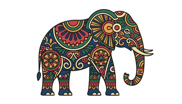 Beautiful decorated Indian elephant with intricate traditional patterns and colorful floral ornaments on its body.