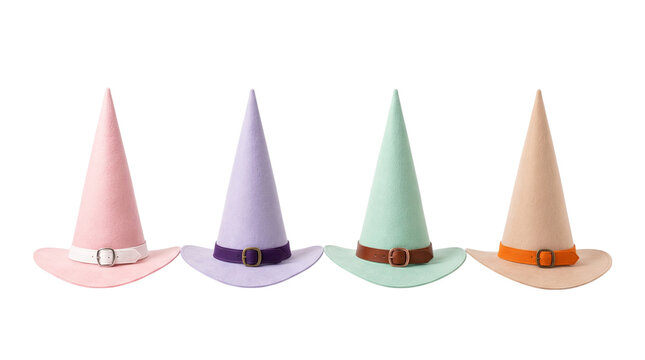 Colorful Pastel Witch Hats Row Isolated on Black Background, Pastel Halloween Pointy Wizard Hats with Buckles Banner Concept