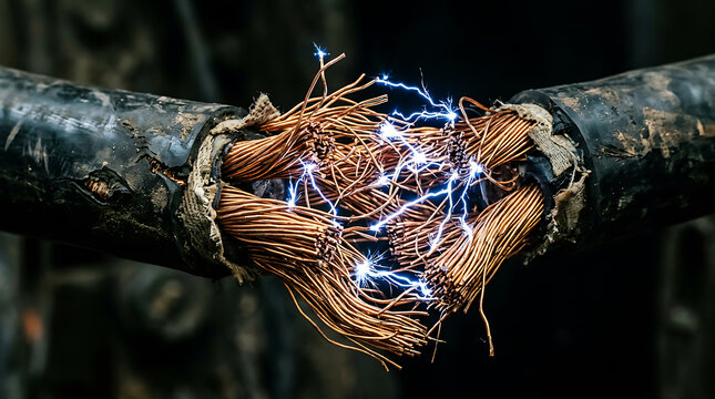 Frayed Damaged High Voltage Electrical Cable Spelled Wire Sparking Electric Current