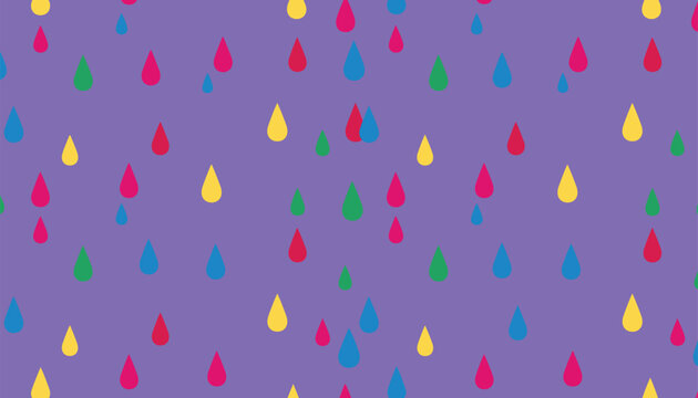 Seamless repeating pattern of simple colorful raindrops in pink, green, blue and yellow on a purple background.