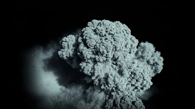 Volcanic thick ash cloud isolated on pitch dark with deep grey desaturation in grey tones, a dreaminess dust motes overlay suited for video...