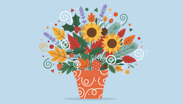 Beautiful autumn bouquet in a terracotta pot featuring vibrant sunflowers, maple leaves, berries, and lavender.