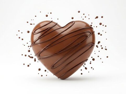Glossy chocolate heart shape with liquid splashes and drops isolated on white background
