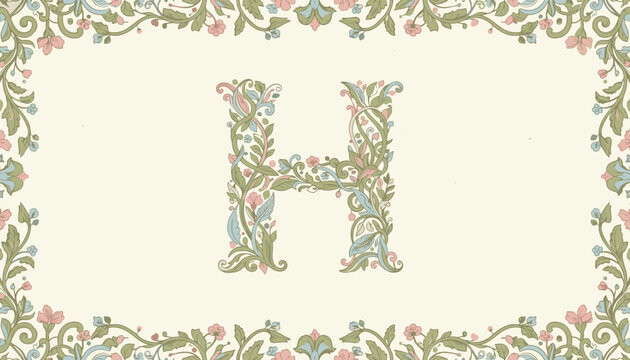 Ornate monogram letter H crafted from soft pastel floral vines and leaves inside a matching botanical border frame.