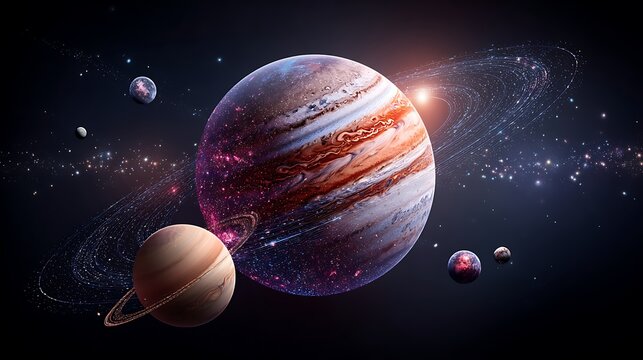 Realistic 3d rendering of planet saturn with rings and moons in space astronomy