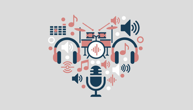 Music and audio icons arranged in a heart shape featuring headphones, microphone, drums, speakers and musical notes.