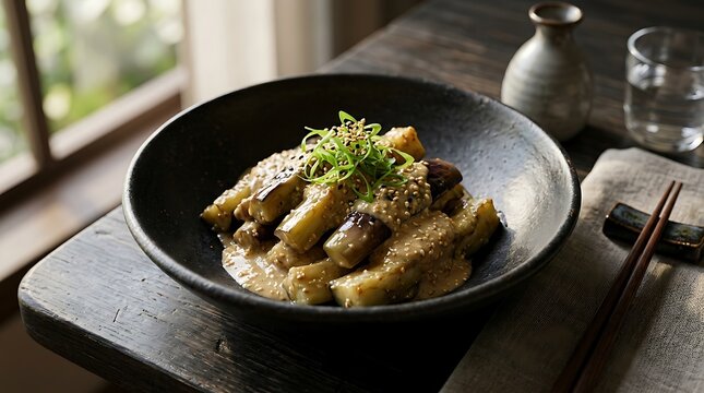 A delicious bowl of Japanese eggplant side dish known as nasu goma ae with a creamy sesame dressing topped with green onions on a rustic wooden table